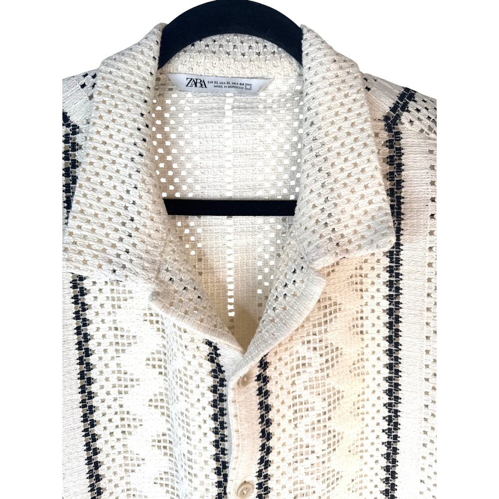 2/$30 Zara Mens XL Open Knit Button-Down Shirt Off White & Black Striped Unisex - Picture 6 of 13